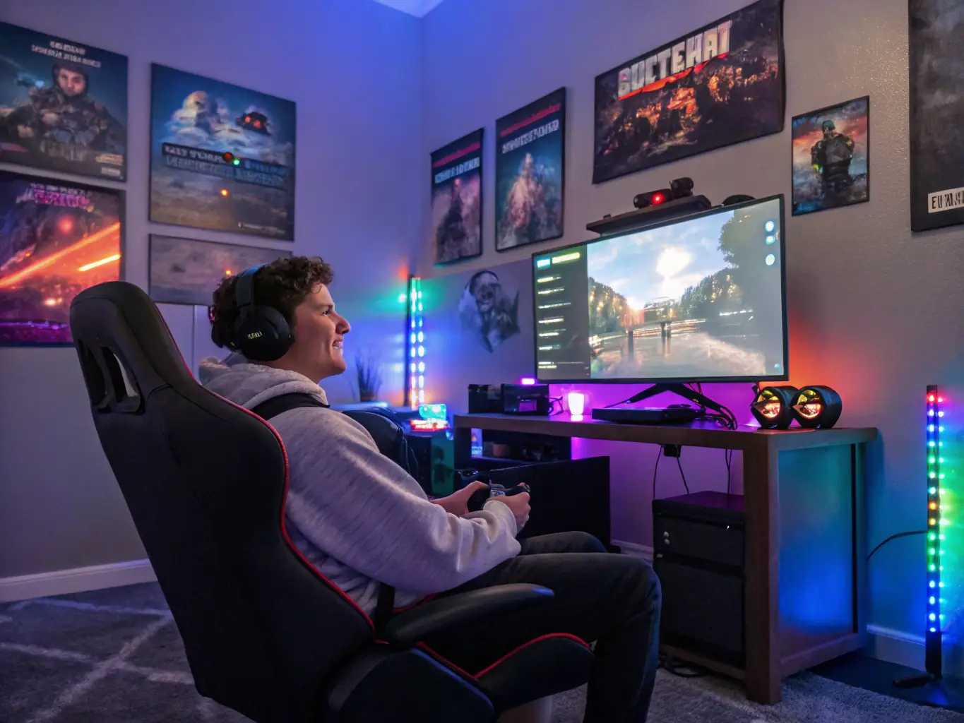 An action-packed image featuring a gamer intensely focused on playing a racing game on an Xbox Series X console at Ego Gaming Lounge & Café. The screen displays high-resolution graphics and realistic gameplay.