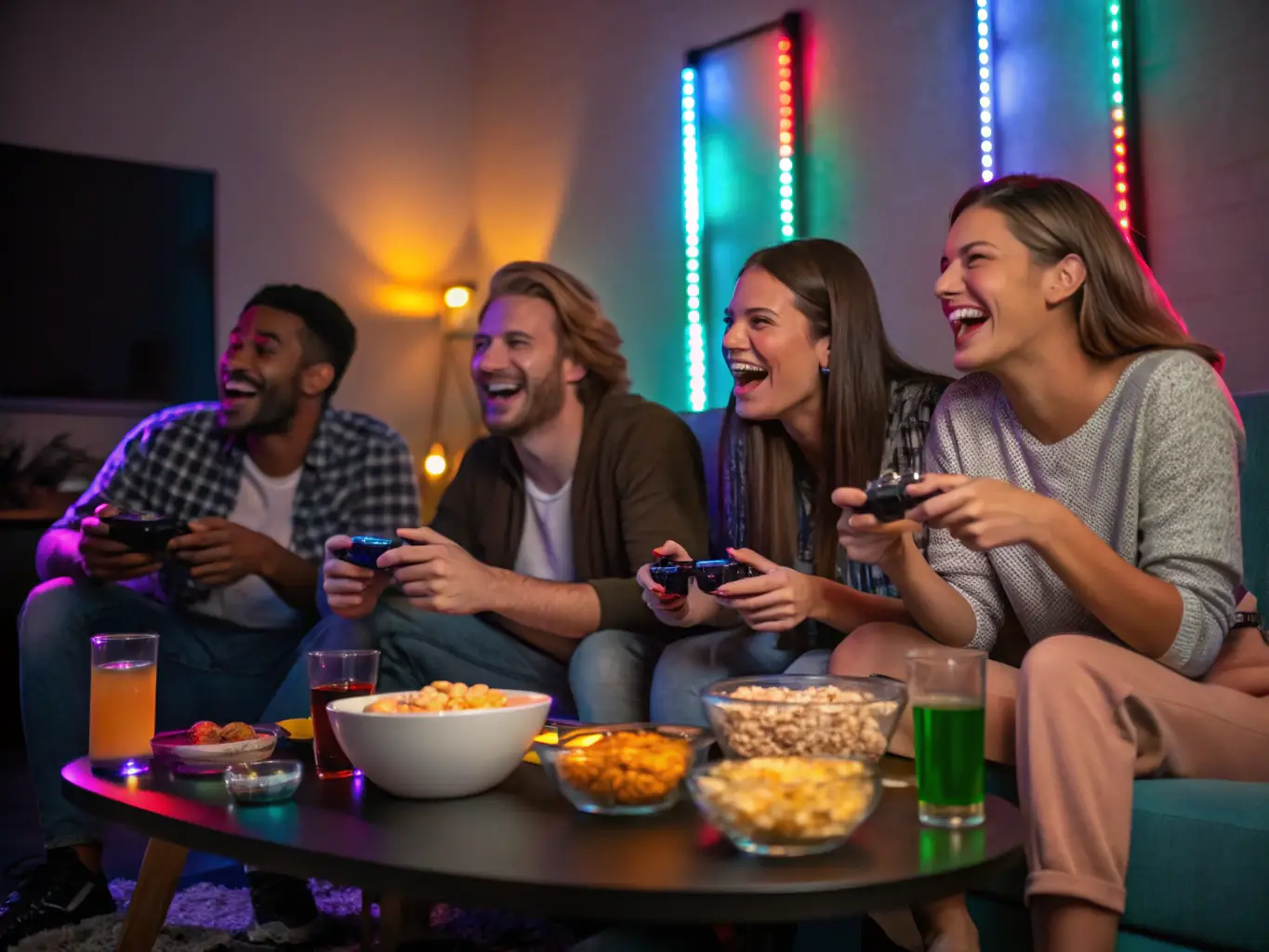 A playful image showing a group of gamers laughing and having fun while playing a party game on a Nintendo Switch console at Ego Gaming Lounge & Café. The console is connected to a large screen for easy viewing.