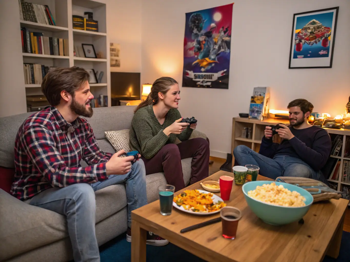 A vibrant image showcasing a group of friends playing a multiplayer game on a PlayStation 5 console in a dedicated console bay at Ego Gaming Lounge & Café. The lighting is warm and inviting, highlighting the fun and social atmosphere.